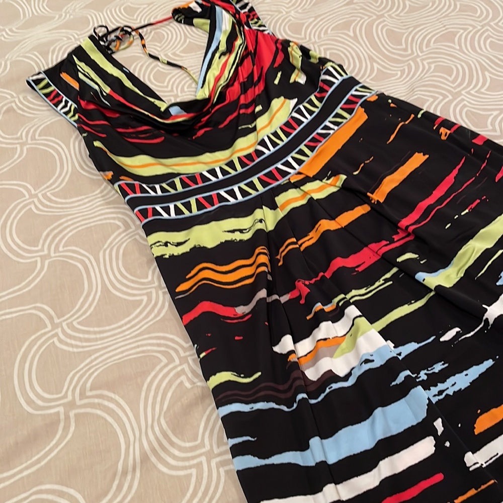 BCBGMAXAZRIA dress, bold colors, back tie closure, rayon blend, M